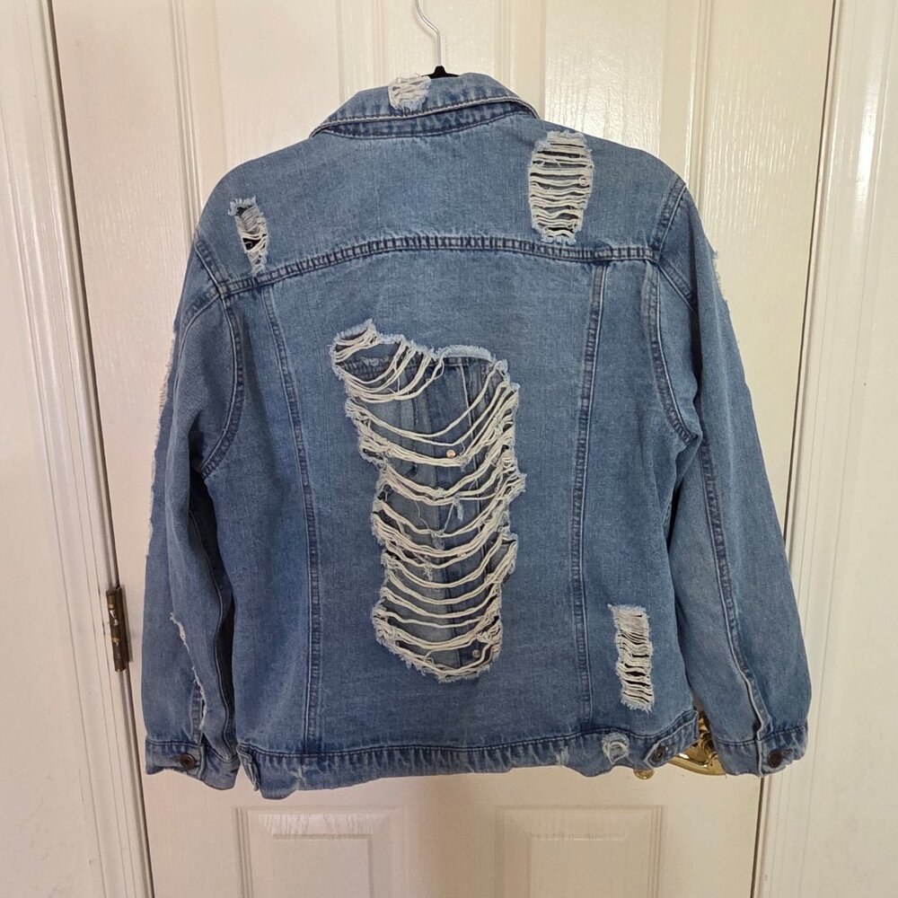 Highway Jeans Button-Up Distressed Denim Jacket Grunge Blue Wash Y2K SZ L - Picture 7 of 12